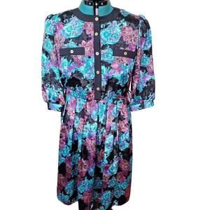 Vintage 80s Black Purple Teal Floral Gold Button Secretary Dress Women Size M/L